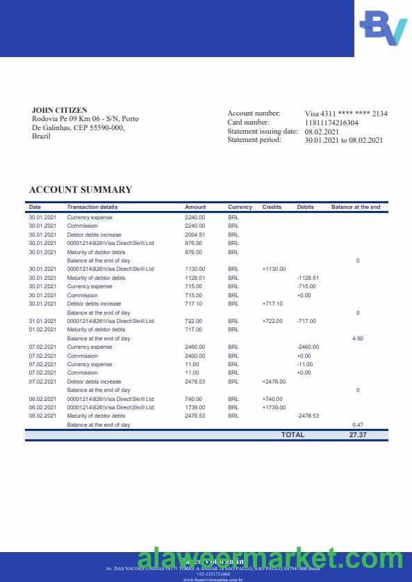 Brazil Banco Votorantim bank statement template in Word and PDF format